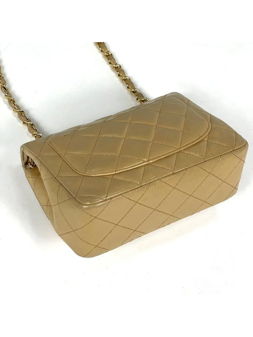 Chanel Mini Quilted Shoulder Bag CC Logo Single Flap Leather Beige